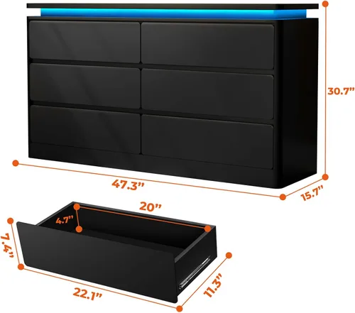 Miniatura 2 de Cómoda Negra Mejorada de 6 Cajones para Dormitorio, Cajonera de 120 cm de Largo con Estación de Carga y Luces LED, Cómoda de Almacenamiento