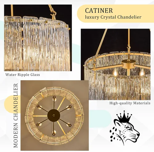Miniatura 4 de CATINER Candelabro de cristal de 20 pulgadas, moderno, 6 luces, lámparas de tambor dorado, iluminación colgante de techo de lujo para entrada