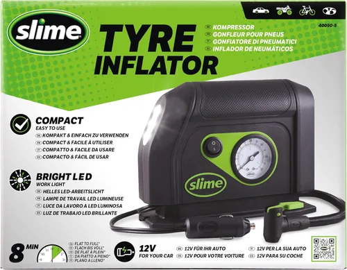 Miniatura 2 de Slime 40050 Inflador de Neumáticos, Compresor de Aire Portátil para Auto, con Dial Analógico de 100 psi, Manguera Larga y Luz LED, 12V, Inflado de 8