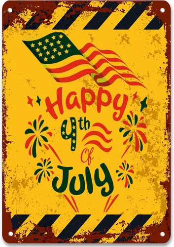Letrero de metal vintage con texto en inglés "Happy July 4TH", decoración de pared para el Día de la Independencia para interiores y exteriores, 8 x
