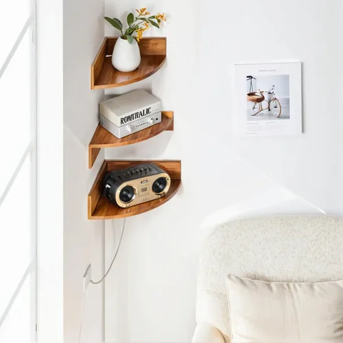 Miniatura 2 de Demigo Juego de 3 estantes de esquina para montaje en pared, de madera de acacia maciza, redondos, flotantes para almacenamiento y exhibición
