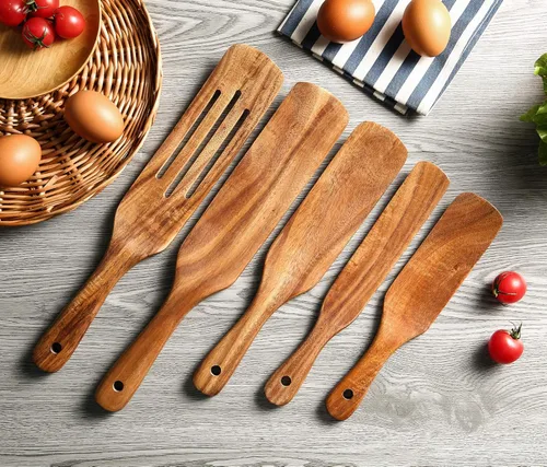 Miniatura 4 de Juego de 5 utensilios de cocina de teca natural, resistentes al calor, antiadherentes, con agujero para colgar, espátula ranurada para agitar