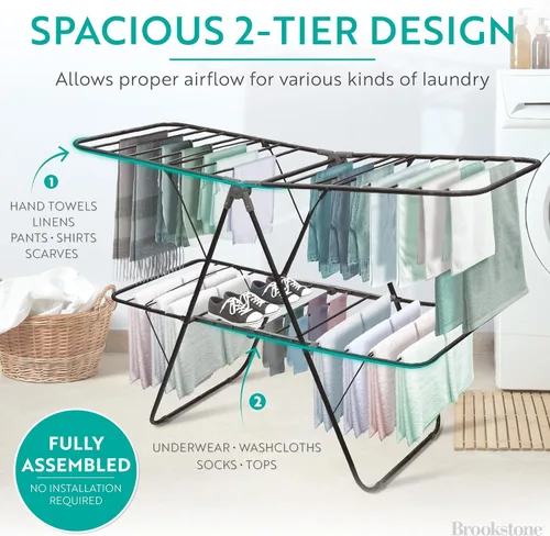 Miniatura 6 de Brookstone Estante plegable de 2 niveles - Soporte plegable para secadora de ropa para interiores y exteriores, estante para ropa o zapatos, Negro