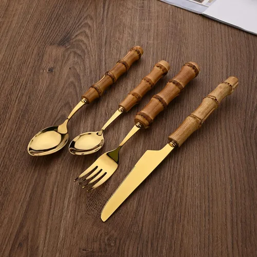 Miniatura 2 de Juego de cubiertos de mango de bambú natural, juego de cubiertos de acero inoxidable para 4, tenedores, cucharas, cuchillos para uso diario, 16