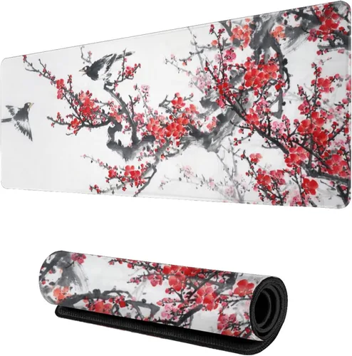 Alfombrilla de mouse para juegos con diseño de pájaros y flores de cerezo, alfombrilla de escritorio grande XL, alfombrilla larga extendida para