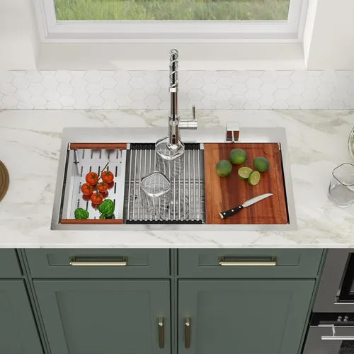 Miniatura 27 de Logmey Fregadero de cocina negro 33x22 empotrable, estación de trabajo de fregadero de cocina, SUS304 calibre 16 acero inoxidable, tazón individual