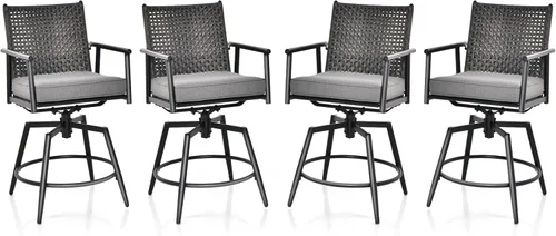 Miniatura 10 de COSTWAY Juego de 2 taburetes de bar giratorios para patio, silla de bar con marco de metal, respaldo de ratán de polietileno, cojín acolchado