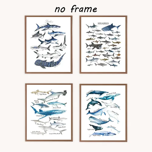 Miniatura 2 de VNWEK Póster artístico de pared de tiburones y ballenas rústicos en acuarela sin marco de 12 x 16 pulgadas, juego de 4, decoraciones de vida marina