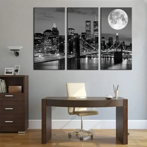 Miniatura 5 de Biuteawal Arte de pared de horizonte de Nueva York, puente de Brooklyn, luna y vista nocturna, lienzo impreso en lienzo de ciudad en blanco y negro