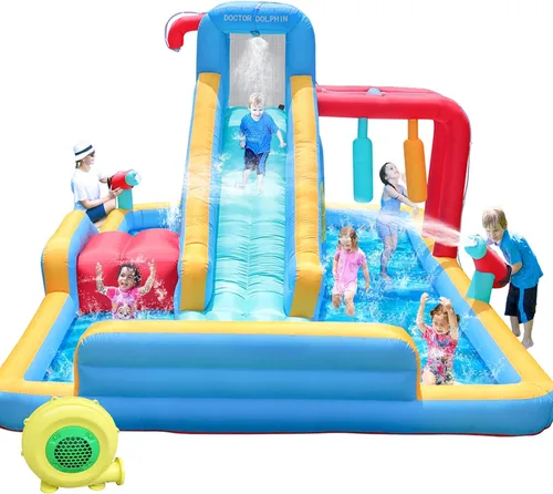 Miniatura 10 de Doctor Dolphin Casa de rebote para niños, casa inflable con tobogán, casa hinchable para niños, castillo hinchable para tobogán acuático inflable