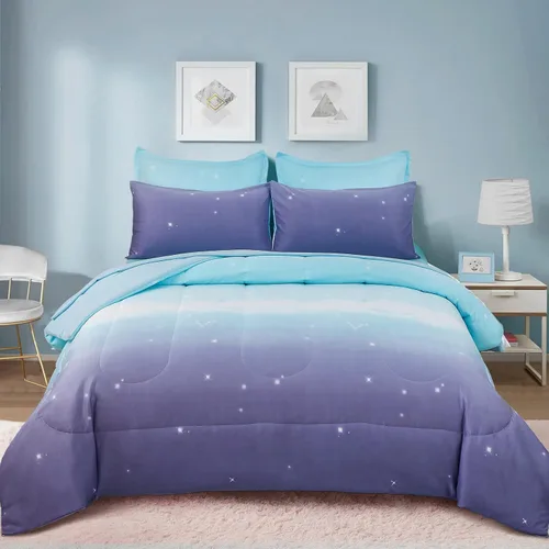 Miniatura 16 de Dinjoy Juego de edredón para niñas, tamaño individual, colorido, azul, rosa, morado, arcoíris, juego de ropa de cama de 6 piezas en una bolsa