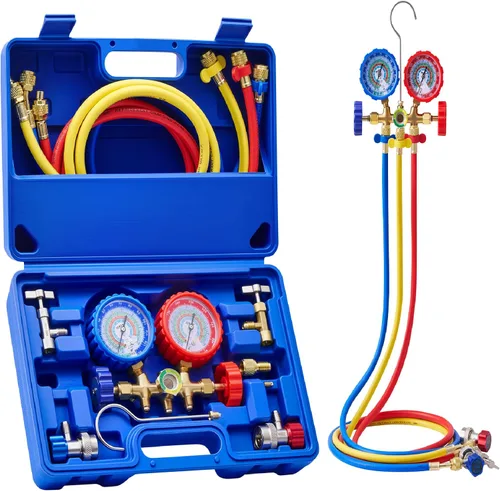 Orion Motor Tech Medidores de CA, juego de manómetros de CA para R134a R12 R22 R502, juego de 3 vías de calibre CA automotriz con calibradores