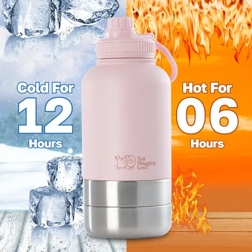 Miniatura 2 de Botella de agua de viaje 3 en 1 de 32 onzas para perros y seres humanos, doble uso, acero inoxidable, mantiene el agua caliente 6 horas/fría 12