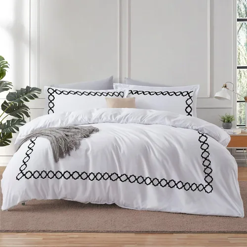 Miniatura 18 de BedDecor: Enchanted Oasis - Juego de funda de edredón de 3 piezas de 600 hilos de algodón egipcio con bordado de cuadrifolio, ultra suave