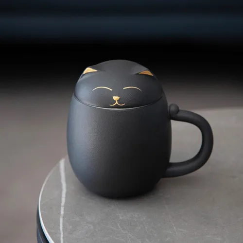 Miniatura 8 de HEER Taza de té para gatos con infusor y tapa, taza de té de cerámica de 13.5 onzas, regalo para amantes de los gatos para amigos y familia (negro)