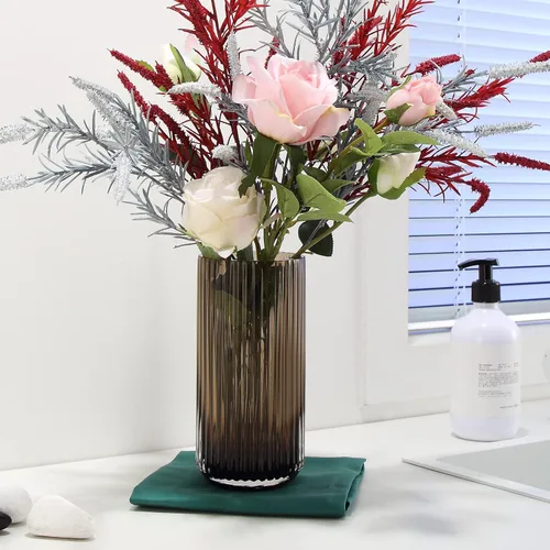 Miniatura 5 de Florero cilíndrico pequeño de cristal marrón acanalado para decoración de centros de mesa de comedor de granja