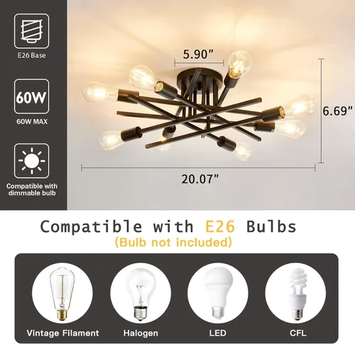 Miniatura 3 de ASGYISA Lámpara de Techo Semiempotrada de 8 Luces, Candelabro Sputnik de Metal Vintage Moderno Negro, Lámpara de Techo para Dormitorio Cocina