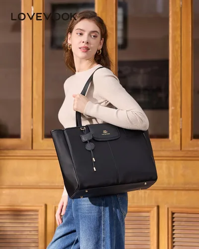 Miniatura 2 de LOVEVOOK Bolsa de mano para laptop para mujer, bolsa de trabajo de nailon con compartimentos para laptop de 15.6 pulgadas, bolso ligero a la moda