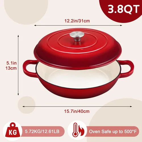 Miniatura 4 de Overmont Horno holandés de hierro fundido esmaltado, olla holandesa de 3.8 cuartos de galón con tapa, sartén poco profunda, cacerola de hierro Rojo