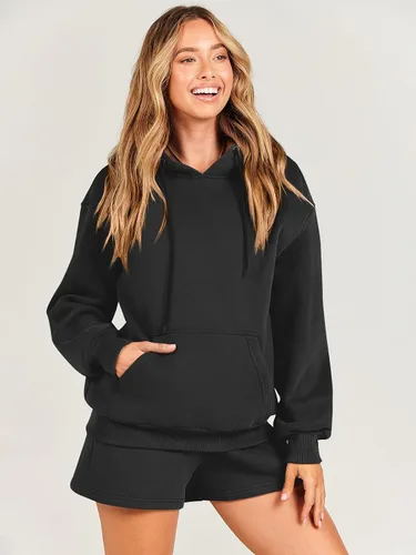 Miniatura 2 de ANRABESS Conjunto de 2 piezas para mujer, sudadera corta con cordón y capucha de gran tamaño, conjunto a juego