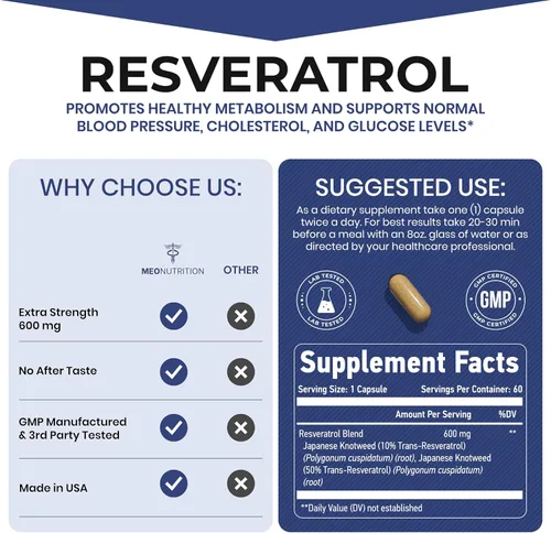 Miniatura 3 de Resveratrol 600mg – 60 cápsulas Suplemento antioxidante Sin OMG, sin gluten, vegano Apoya el bienestar y la vitalidad Fabricado en Estados