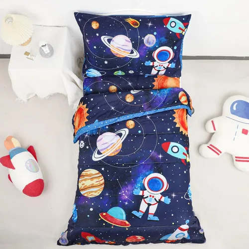SWESEN Juego de ropa de cama para niños pequeños, juego de ropa de cama azul espacial, suave y ligero de 4 piezas, incluye edredón, sábana encimera,