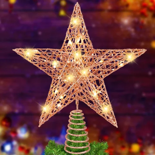 Miniatura 9 de DULEFUN Estrella LED de 11.8 Pulgadas para la Punta del Árbol - Adorno de Metal Dorado con 20 Luces para Decoración de Árbol de Navidad y Decoración