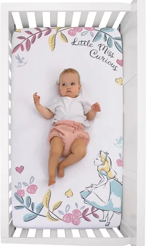Miniatura 4 de Disney Alicia en el país de las maravillas - Sábana bajera ajustable para cuna, color azul claro, rosa, amarillo y blanco