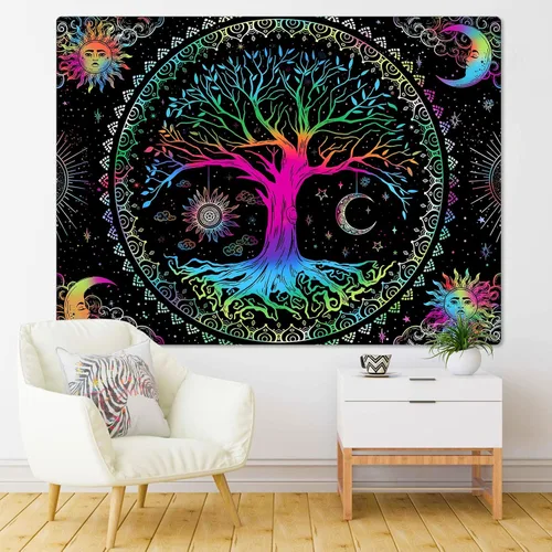 Miniatura 6 de Kanuyee Tapiz de pared con diseño de árbol de la vida, mandala, estrella y luna y galaxia, color negro para decoración de habitación