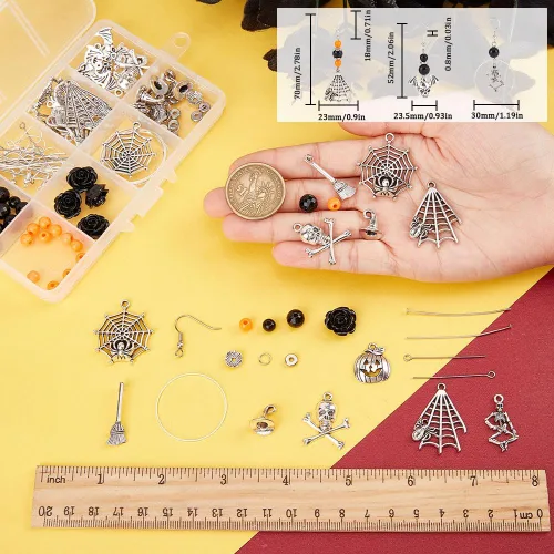 Miniatura 3 de SUNNYCLUE 1 caja de bricolaje para hacer 10 pares de aretes colgantes con temática de Halloween, kits de fabricación de joyas, calavera, calabaza