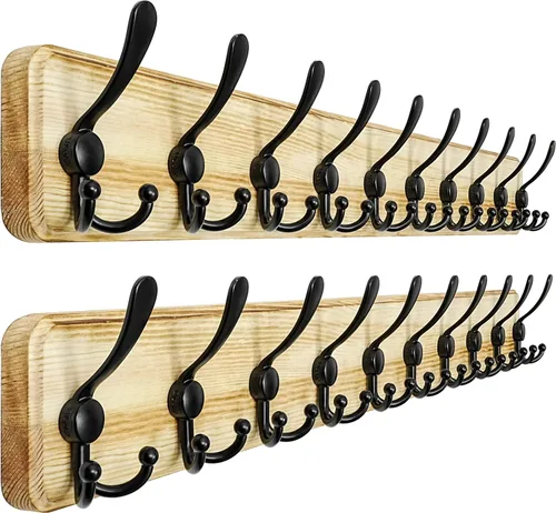 Miniatura 48 de Dseap Perchero de Pared Montado - 5 Ganchos Triangulares, Resistente, Perchero de Pared de Madera para Abriggos, Sombreros, Chaquetas, Ropa, Negro