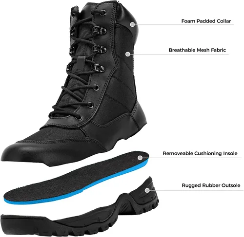 Miniatura 3 de WIDEWAY Botas de trabajo tácticas militares de 8 pulgadas con cremallera lateral ligeras de combate del ejército botas de trabajo duraderas