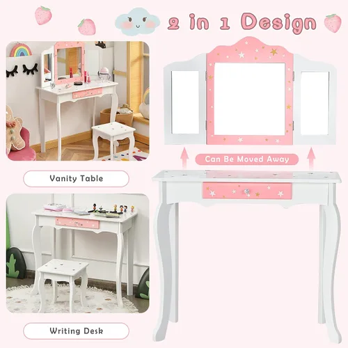 Miniatura 2 de Costzon Juego de tocador para niños con espejo, tocador de maquillaje de princesa 2 en 1 con parte superior desmontable, tocador para niñas pequeñas