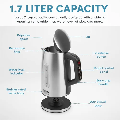 Miniatura 4 de AROMA Hervidor eléctrico profesional de acero inoxidable de 1.7L/7 tazas (AWK-1810SD)