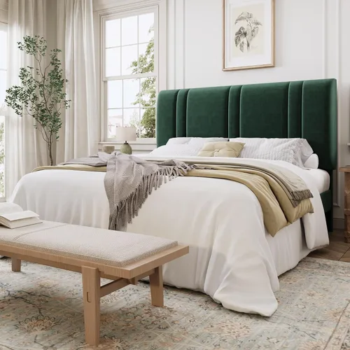 Miniatura 17 de SHA CERLIN Base de cama de plataforma de tamaño completo, cama tapizada de terciopelo con cabecera ajustable, diseño capitoné de canal vertical