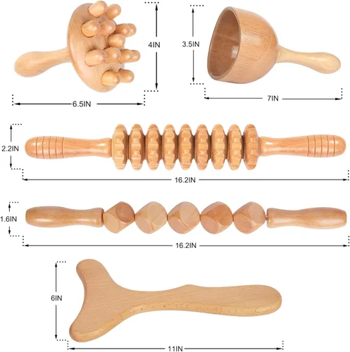 Miniatura 6 de Komogir Herramientas de masaje de terapia de madera, masajeador de drenaje linfático 5 en 1, kit de maderoterapia, masajeador de madera