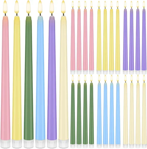 Miniatura 15 de Baquler 24 velas cónicas sin llama de flores silvestres de 11 pulgadas, funciona con pilas, velas LED de plástico con degradado parpadeante