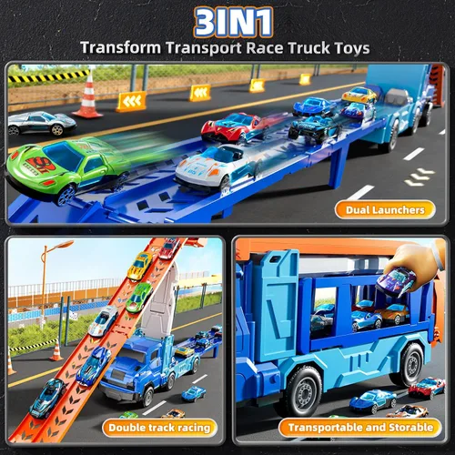 Miniatura 3 de Juego de camiones y coches para niños de 3, 4, 5, 6, 7, 8 años, juego de camiones transportadores con pista de 12 coches fundidos a presión