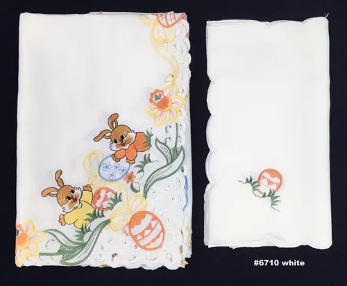 Miniatura 2 de Creative Linens Mantel floral de huevo de Pascua bordado, 68 pulgadas, redondo con 8 servilletas, color blanco