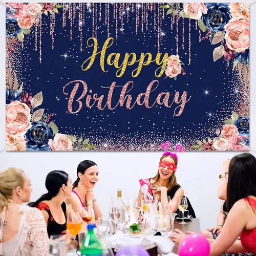 Miniatura 6 de Decoraciones de fondo de feliz cumpleaños para mujeres, suministros de fiesta, telón de fondo de rosa, fotografía para niñas y niños, pancarta