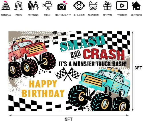 Miniatura 5 de Ticuenicoa Grave Digger - Fondo de cumpleaños de Monster Truck – Fondo de cabina de fotos con diseño de llama de 5 x 3 pies para niños, decoración
