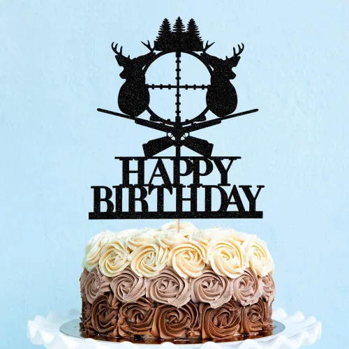 Miniatura 7 de Decoración para tartas de caza de ciervos, cuernos negros, decoración de pastel de feliz cumpleaños, temática de campamento de cazador para niños