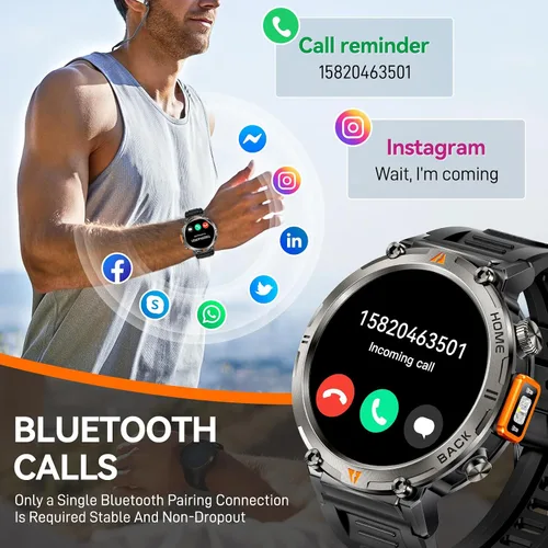 Miniatura 6 de Foxhawk Reloj inteligente militar para hombre, 1.45 pulgadas, resistente GPS, reloj inteligente táctico con brújula linterna LED, reloj de fitness