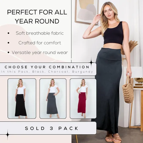 Miniatura 4 de Azules 3 Pack Women’s Maxi Skirt – Soft Stretchy Rayon Fold Over High Waist Long Flowy Boho Skirt for Casual or Dressy Wear