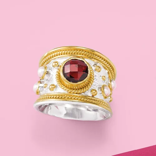 Miniatura 5 de Ross-Simons 2.20 Carat Garnet and 3mm Cultured Pearl Ring in Sterling Silver and 18kt Gold Over Silver