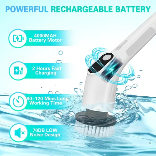 Miniatura 3 de Limpiador eléctrico giratorio, cepillo de limpieza de ducha inalámbrico impermeable con cabezales de cepillo reemplazables y mango de extensión
