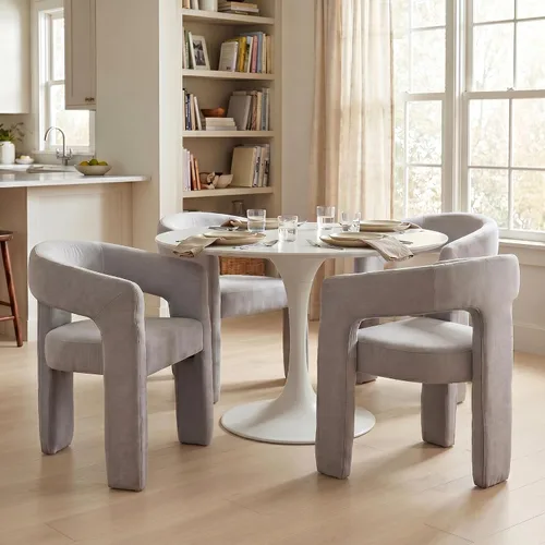 Miniatura 19 de Hyfirm Sillas de Comedor Modernas Tipo Barril Juego de 1, Cómoda Silla de Comedor de Acento Tapizada en Chenilla con Brazo para Cocina Sala de Estar