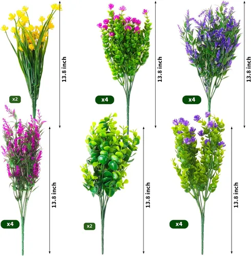 Miniatura 7 de 20 paquetes de flores artificiales para exteriores, resistentes a los rayos UV, no se decoloran, plantas verdes de plástico sintético para jardín