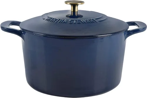 MARTHA STEWART Gatwick - Olla holandesa de hierro fundido esmaltado de 7 cuartos de galón con tapa, color azul marino con perilla dorada, horno