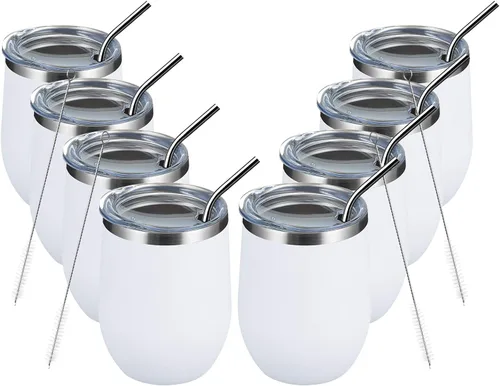 Miniatura 54 de MEWAY Vaso de vino sin tallo de 12 onzas con tapa, vaso de viaje de acero inoxidable con aislamiento de doble pared al vacío con popote, para Negro